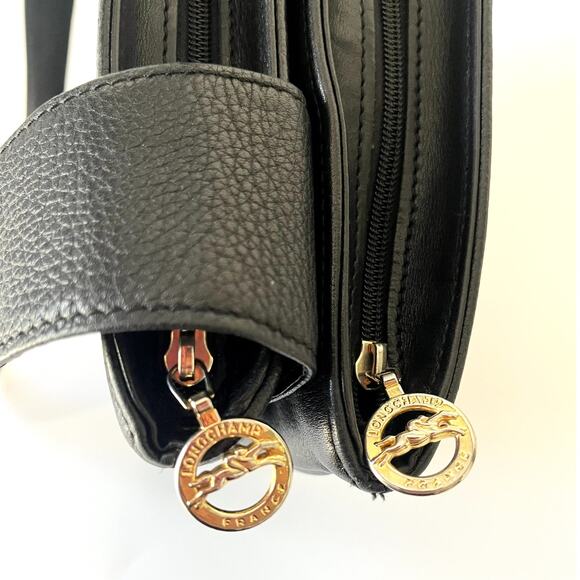 Longchamp LM Black Leather Double Compartment Shoulder Bag France Y2K Vintage - Picture 7 of 11